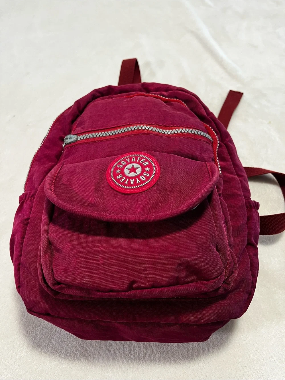 Soyater Burgundy Red Nylon Backpack Multi Pocket Silver Zippers